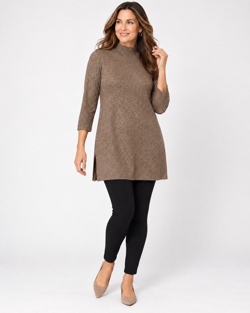 Chico’s Travelers Metallic Tunic Sweater Rustic Taupe Size 1 M NWT Flaw